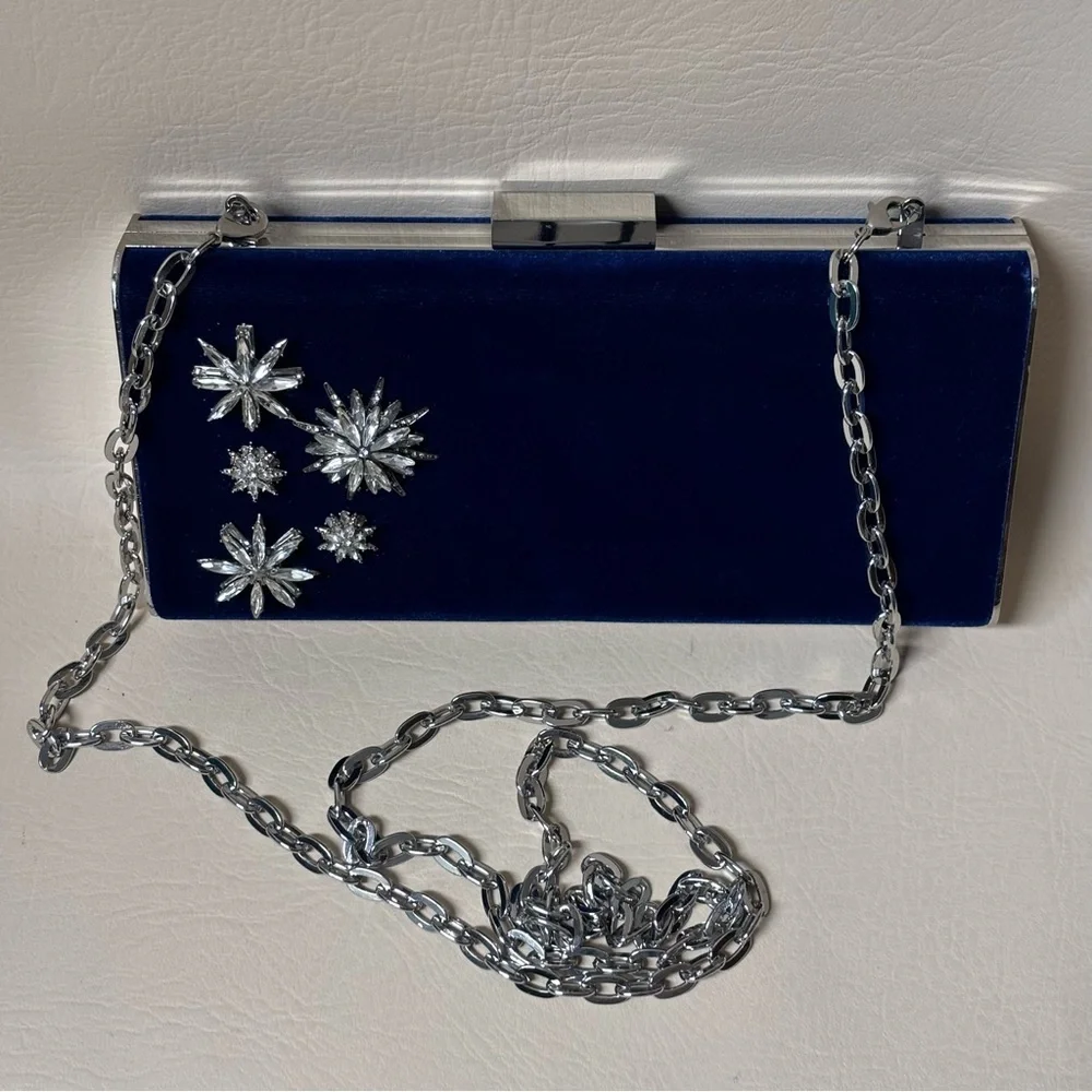 White House Black Market Royal Blue Velvet Clutch with Glass Crystal Flowers - Picture 2 of 7